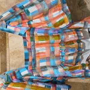 Marie Oliver Colorful Checkered Square Neck Blouse, Blue/Orange Coral 🧡